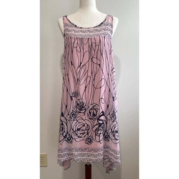 Robbie Bee Asymmetrical Hem A-Line Dress Womens 12 Pink Rose Print Sleeveless - Picture 1 of 10